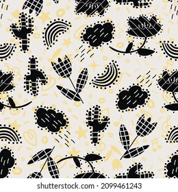 seamless background with flowers, cacti and rainbow, vector design for paper, fabric and other surface