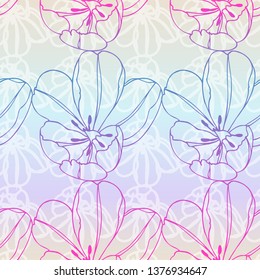 Seamless background with flowers. Contour drawing of Tulip buds. Gentle spring color. Freshness. Layered vector file.