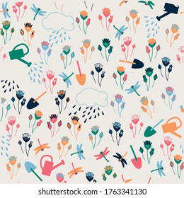 fondo sin costuras con flores, libélula, lluvia y objetos, diseño vectorial para tela, papel.
