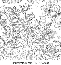 Seamless background of flowers frangipani, palm branch and tropical flowers, hand drawing illustration. Black and white