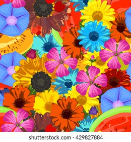 Seamless background with flowers and fruits. Vector illustration.