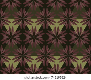 Seamless background with flowers and geometric pattern in dark pastel colors. Vector illustration could be used for design background, textile or wallpaper, wrapping paper.
