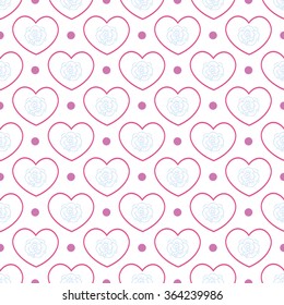 Seamless background with flowers and hearts. For wallpapers, print fabric, gift wrapping paper, scrapbook. Vector illustration for Mother's Day, baby birthday, wedding, Valentines Day and etc.