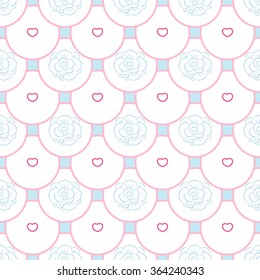 Seamless background with flowers and hearts. For wallpapers, print fabric, gift wrapping paper, scrapbook. Vector illustration for Mother's Day, baby birthday, wedding, Valentines Day and etc.