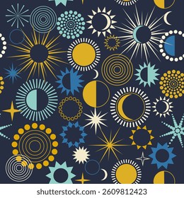 seamless background with flowers, Background illustration pattern space flowers sun rays. Picture screensaver cover wallpaper stickers, set of hand drawn illustrations