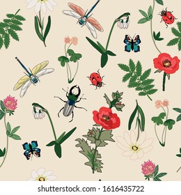 seamless background with flowers and insects, vector design