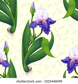 Seamless background with flowers of irises, onion, roots and dragonflies.