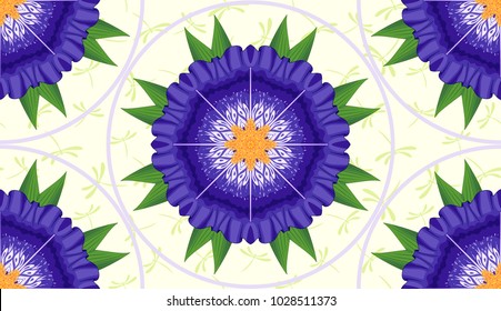 Seamless background with flowers of irises. Round pattern. Dragonflies on backdrop.