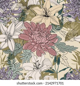 Seamless background of flowers and leaves of Chrysanthemum and Lily. Wallpaper in vintage style. Botanical vector illustration