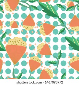 seamless background flowers, leaves and dots. Can use for print, template, fabric, presentation, textile, banner, poster, wallpaper, background