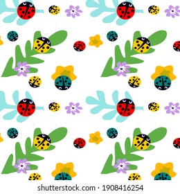 Fondo incomparable con flores, hojas y ladybugs de diferentes colores.