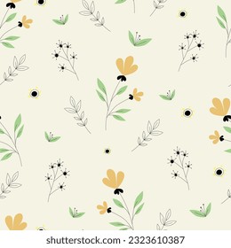 Seamless background with flowers, leaves, twigs. Beautiful print with hand-drawn plants. Perfect for fabric design, wallpaper, apparel. Vector illustration.

