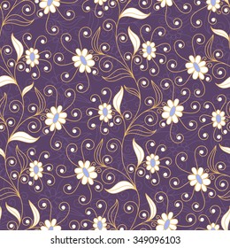 Seamless background with flowers and leaves in yellow and white colors on dark lilac backdrop
