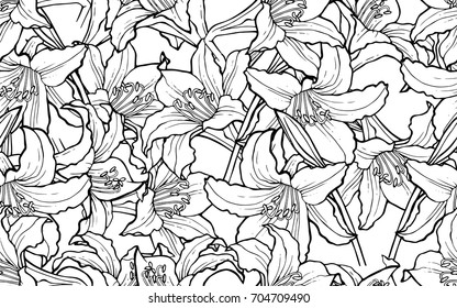 Seamless background with flowers Lilies. Floral design for fabric, greeting cards, Wallpaper, wrapping paper, clothing, wedding invitation, flower shops. Vector illustration