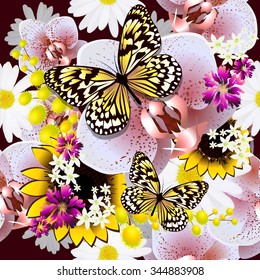 Seamless background flowers orchid with butterfly. Vector  