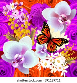 Seamless background flowers orchid with butterfly. Vector 