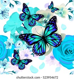 Seamless background flowers orchid with butterfly. Vector 