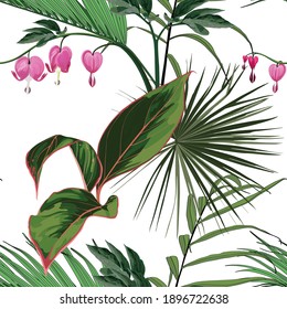 Seamless background from a flowers ornament and exotic tropical leaves, fashionable modern wallpaper or textile. Illustration "bleeding heart" (Dicentra spectabilis) on white background.