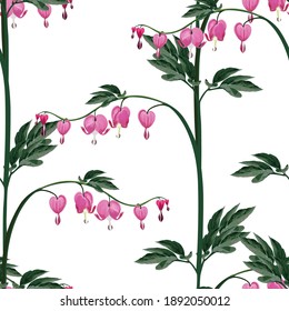 Seamless background from a flowers ornament, fashionable modern wallpaper or textile. Illustration "bleeding heart" (Dicentra spectabilis) on white background.