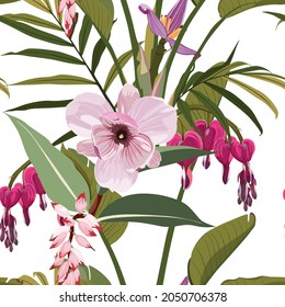 Seamless background from a flowers ornament, fashionable modern wallpaper or textile. Illustration bleeding heart (Dicentra spectabilis), bananas flower, exotic tropical palm leavs background.