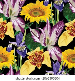 Seamless background with a flowers ornament, fashionable modern wallpaper or textile. Illustration tulips, irys, tigridia, sunflowers background.