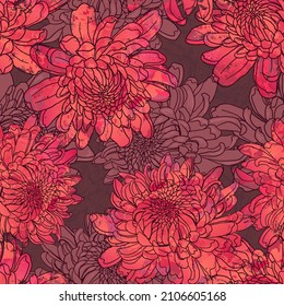 seamless background - flowers of peonies and chrysanthemums in trendy colors