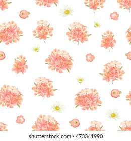 Seamless background with flowers phlox, chamomiles and little ranunculus. Vector floral illustration in rustic style.