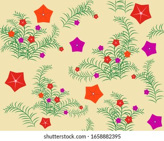 Seamless background with flowers and quamoclite leaves for the design of cards, sites, fabric. Vector illustration