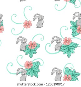 seamless background with flowers and rabbit
