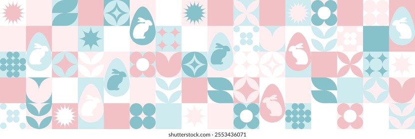 Seamless background with flowers for spring Easter holiday, pink and blue pattern for packaging. Wallpaper mosaic with geometric shapes, pastel background with eggs and hares.