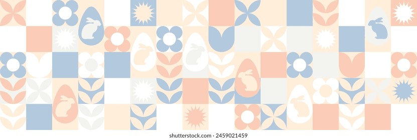 Seamless background with flowers for the spring holiday of Easter with a texture of circles and squares. Wallpaper mosaic with geometric shapes, pastel background with eggs and hares.
