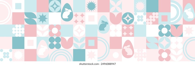Seamless background with flowers for the spring holiday of Easter with a texture of circles and squares. Wallpaper mosaic with geometric shapes, pastel background with eggs and hares.