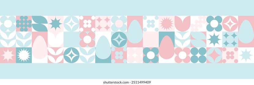 Seamless background with flowers for the spring holiday of Easter with a texture of circles and squares. Wallpaper mosaic with geometric shapes, pastel background with eggs and hares.