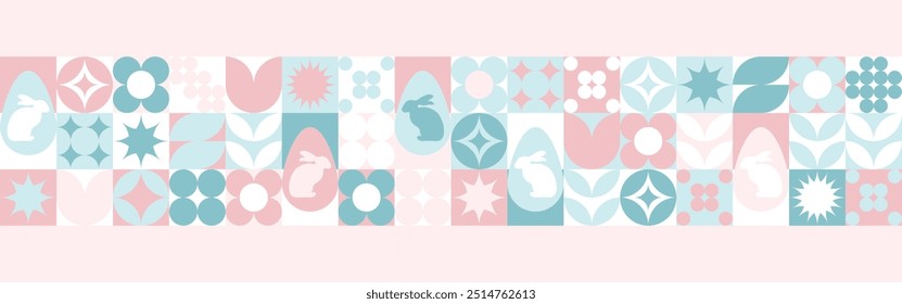 Fondo transparente con flores para las vacaciones de primavera de Pascua con una textura de círculos y cuadrados. Mosaico de Fondo de pantalla con Formas geométricas, fondo pastel con huevos y liebres.