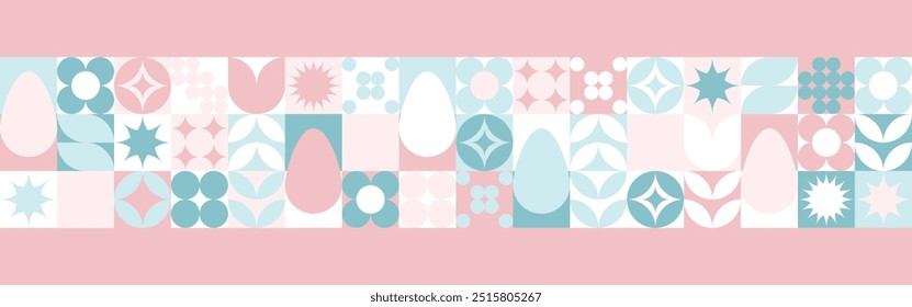 Seamless background with flowers for the spring holiday of Easter with a texture of circles and squares. Wallpaper mosaic with geometric shapes, pastel background with eggs and hares.