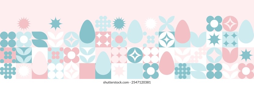 Seamless background with flowers for the spring holiday of Easter with a texture of circles and squares. Wallpaper mosaic with geometric shapes, pastel background with eggs and hares.