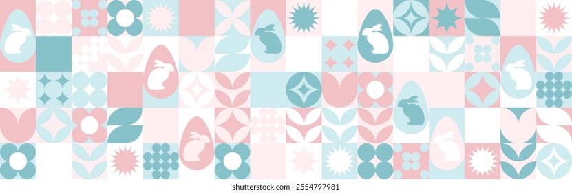 Seamless background with flowers for the spring holiday of Easter with a texture of circles and squares. Wallpaper mosaic with geometric shapes, pastel background with eggs and hares.