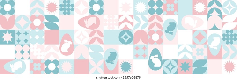 Seamless background with flowers for the spring holiday of Easter with a texture of circles and squares. Wallpaper mosaic with geometric shapes, pastel background with eggs and hares.