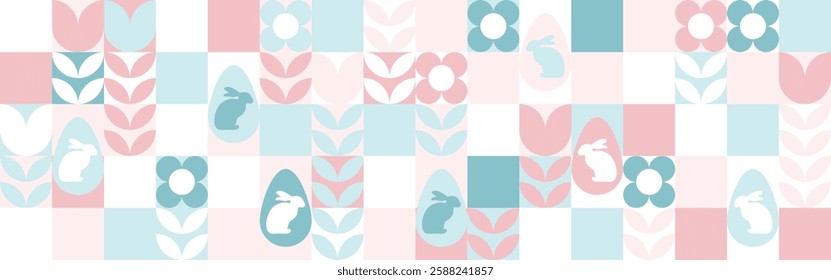 Seamless background with flowers for the spring holiday of Easter with a texture of circles and squares. Wallpaper mosaic with geometric shapes, pastel background with eggs and hares.