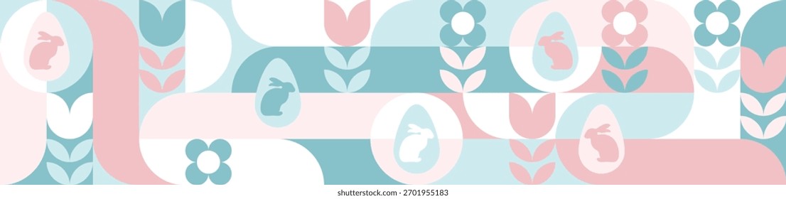 Seamless background with flowers for the spring holiday of Easter with a texture of circles and squares. Wallpaper mosaic with geometric shapes, pastel background with eggs and hares.