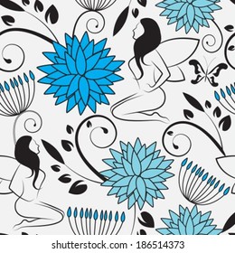 seamless background with flowers, swirls and fairies