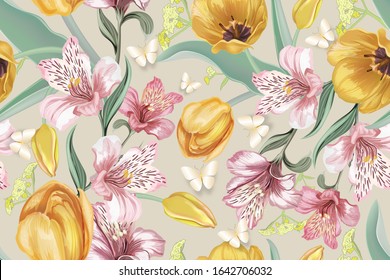 Seamless background of flowers of tulips, Alstroemeria, lilies. Decorative greeting card wedding, birthday, happy Valentine's Day, March 8, suitable for fabrics, patterns, Wallpaper, advertising, sale