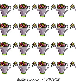 Seamless background with flowers . Watering can. Country house