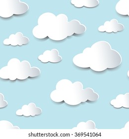 Seamless background of fluffy clouds, paper cutout with shadow effect. EPS10 vector format.