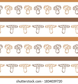 Seamless background fly agaric mushroom gender neutral pattern. Whimsical minimal earthy 2 tone color. kids nursery wallpaper or boho cartoon fungi fashion all over print. 