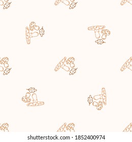 Seamless background fly agaric mushroom gender neutral pattern. Whimsical minimal earthy 2 tone color. kids nursery wallpaper or boho cartoon fungi fashion all over print. 