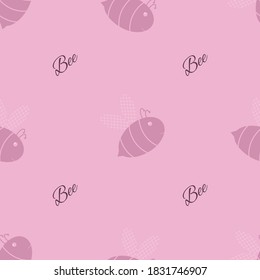 Seamless background with flying bees and an inscription. Cute bees isolated on pink background. For children's textiles, wallpapers, covers and packaging. Flat style 