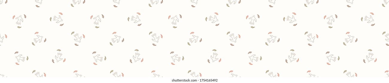 Seamless background flying bird banner. Gender neutral baby border pattern. Simple whimsical minimal earthy 2 tone color. Kids nursery animal decor edging fashion ribbon trim.