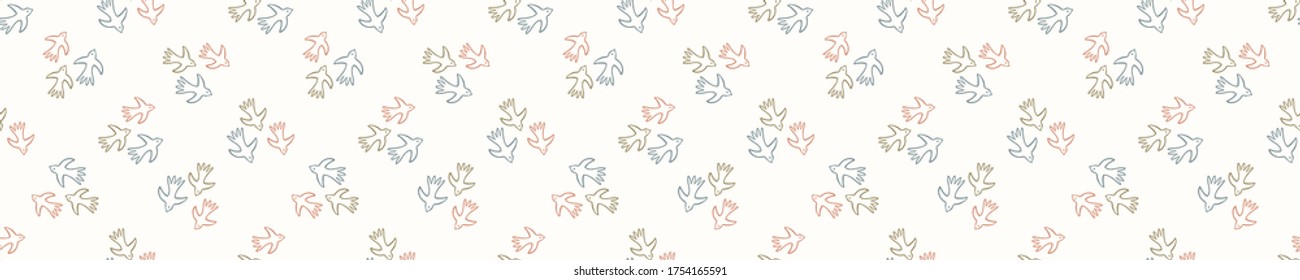Seamless background flying bird banner. Gender neutral baby border pattern. Simple whimsical minimal earthy 2 tone color. Kids nursery animal decor edging fashion ribbon trim.