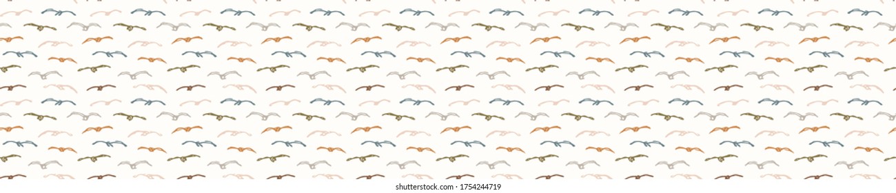  Seamless background flying bird banner. Gender neutral baby border pattern. Simple whimsical minimal earthy 2 tone color. Kids nursery animal decor edging fashion ribbon trim.